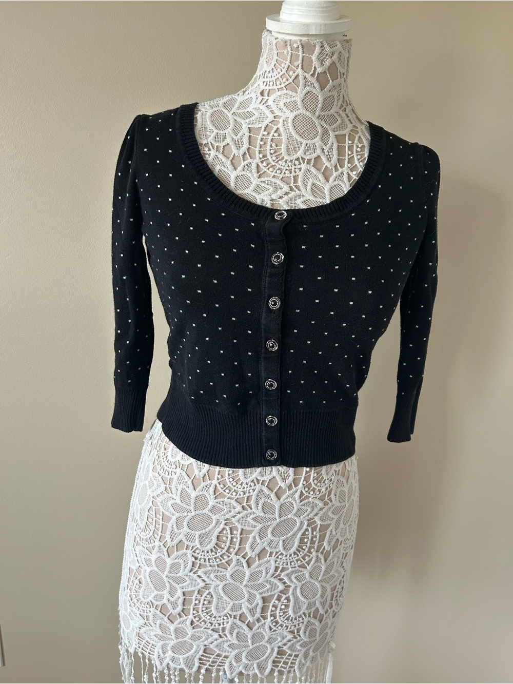 Forever 21 Black Cropped Polka Dot Button Cardigan